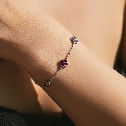 Bracelet empilable en argent sterling 925 avec trèfle à quatre feuilles et zircone colorée, bijou fin pour femme