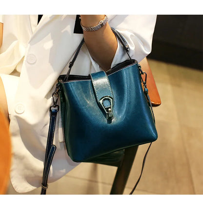 Real Cowhide Leather Women's New Bucket Bag Lady Fashion Single Shoulder Messenger Bag Versatile Handbag Casual Crossbody Bags