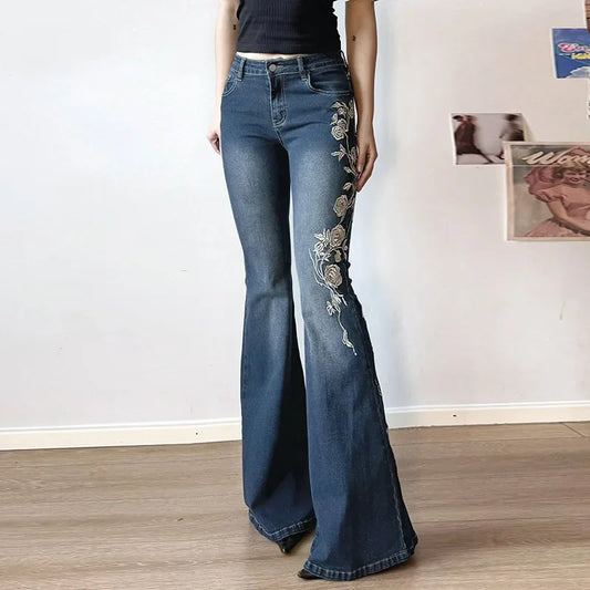 Retro Y2k Jeans Baggy Floral Embroidery Jeans Women Vintage 2000s Low Rise Flared Denim Pants High Street Basic Trousers