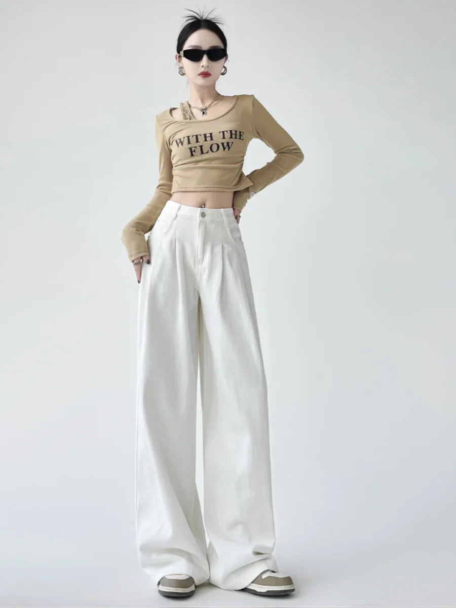 White Thin Pleated High Waist Non-Light Wide Leg Jeans Women's American High-End Loose Straight Lazy Floor-Length Pants