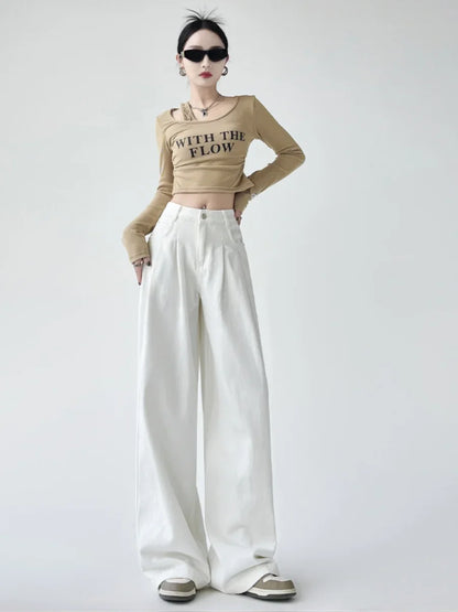 White Thin Pleated High Waist Non-Light Wide Leg Jeans Women's American High-End Loose Straight Lazy Floor-Length Pants