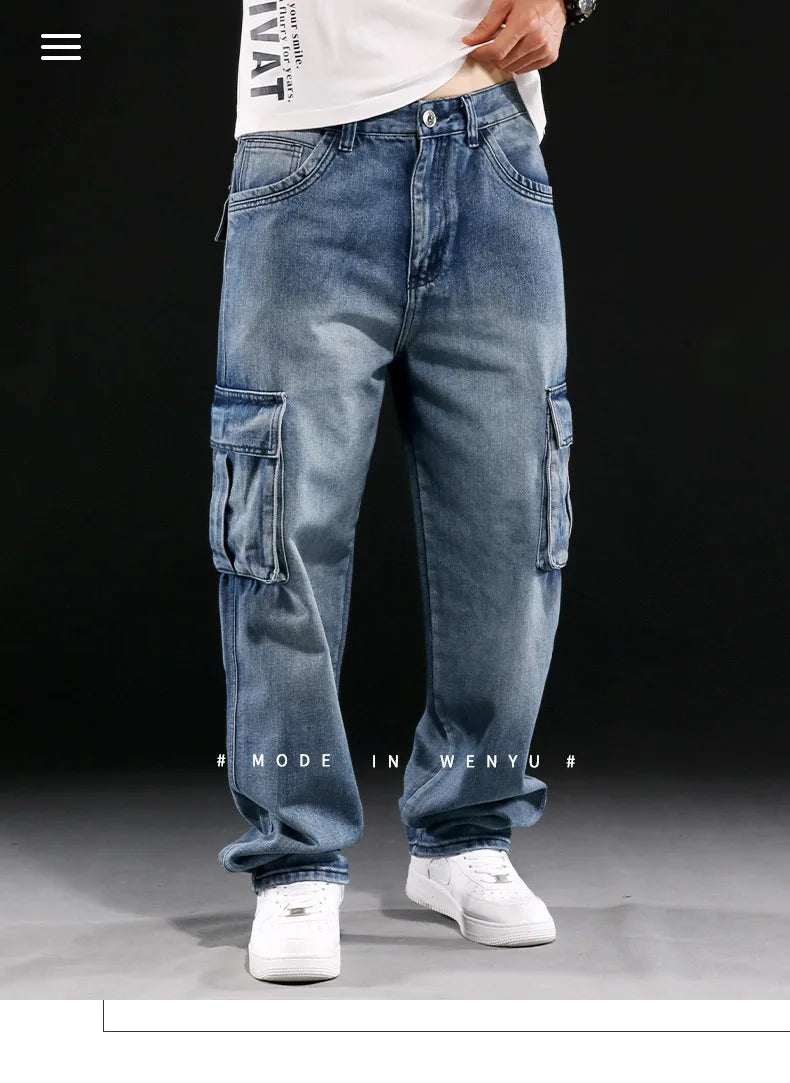 New Men's Fashion Multiple Pockets Loose Jeans Casual Denim Straight Pants Male Hip Hop Wide Leg Cargo Trousers Streetwear