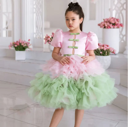 Elegant Flower Girl Dress Gold Kids Princess Birthday Wedding Party White Pink Children Holiday Pageant Ball Gown