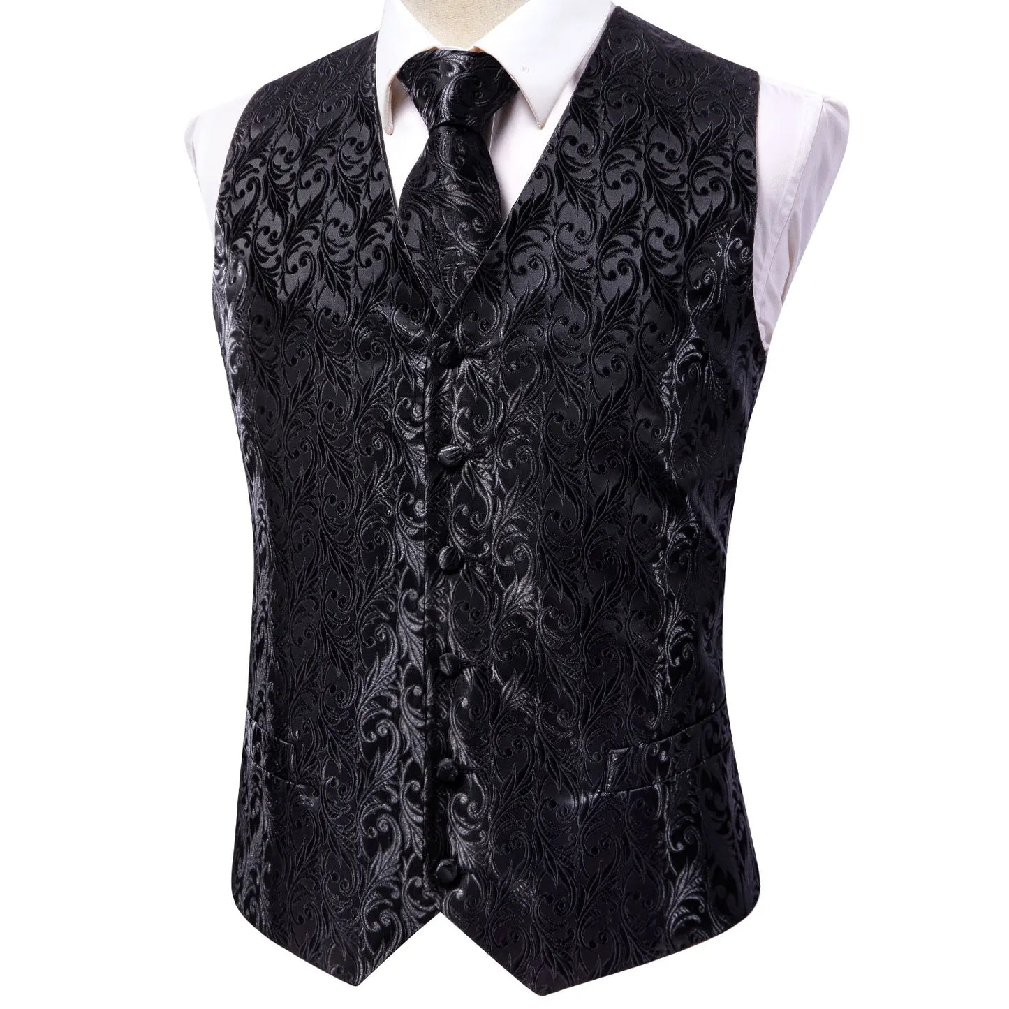 Silk Mens Vests Sleeveless Waist Jacket Jacquard Black Orange Floral Waistcoat Tie Hanky Cufflinks Set for Men Casual XXL