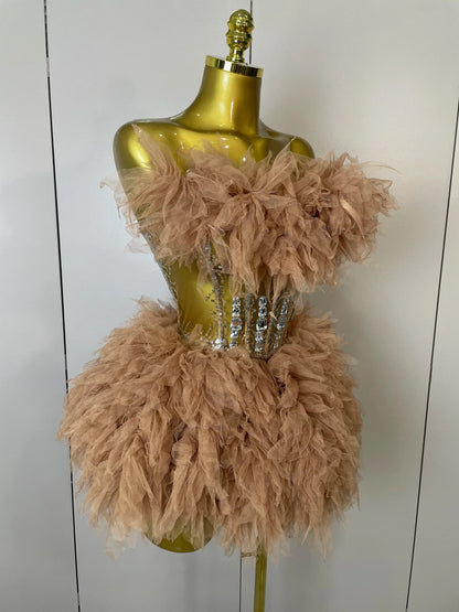 2025Women Sexy Backless Strap Mesh Fluffy Skirt 2 Pieces Diamond Sequins Stage Performance Costume Birthday Party Shooting Dress