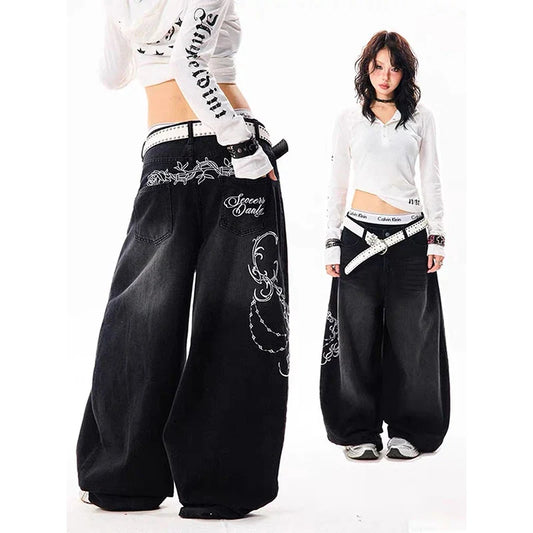 Women Vintage Embroidery Y2K Baggy Jeans Female High Waist 2000s Wide Leg Denim Pants American Retro Harajuku Trouser