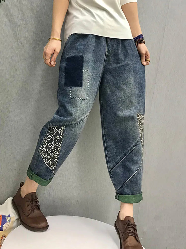 2024 Chinese Style Spring Womens Printed Patchwork Jeans Ladies Vintage Blue Denim Pants Female Casual Punk Pantalons