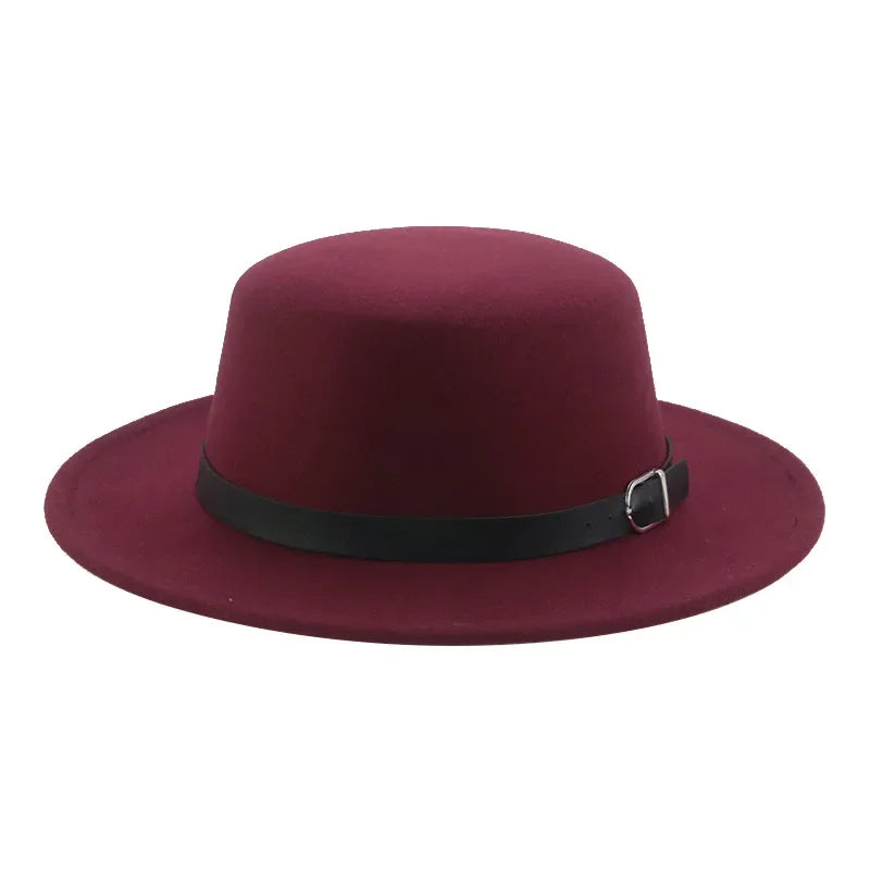 Felted Men Hats Solid Flat Top Belt Band Classic Simple Fedora Hats Khaki Camel Black White Red Casual Formal Dress Winter Hats