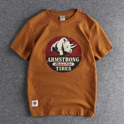 Summer New American Retro Short-sleeved O-neck Rhino Printed T-shirt Men's Fashion Simple 100% Cotton Washed Casual Sport Tops