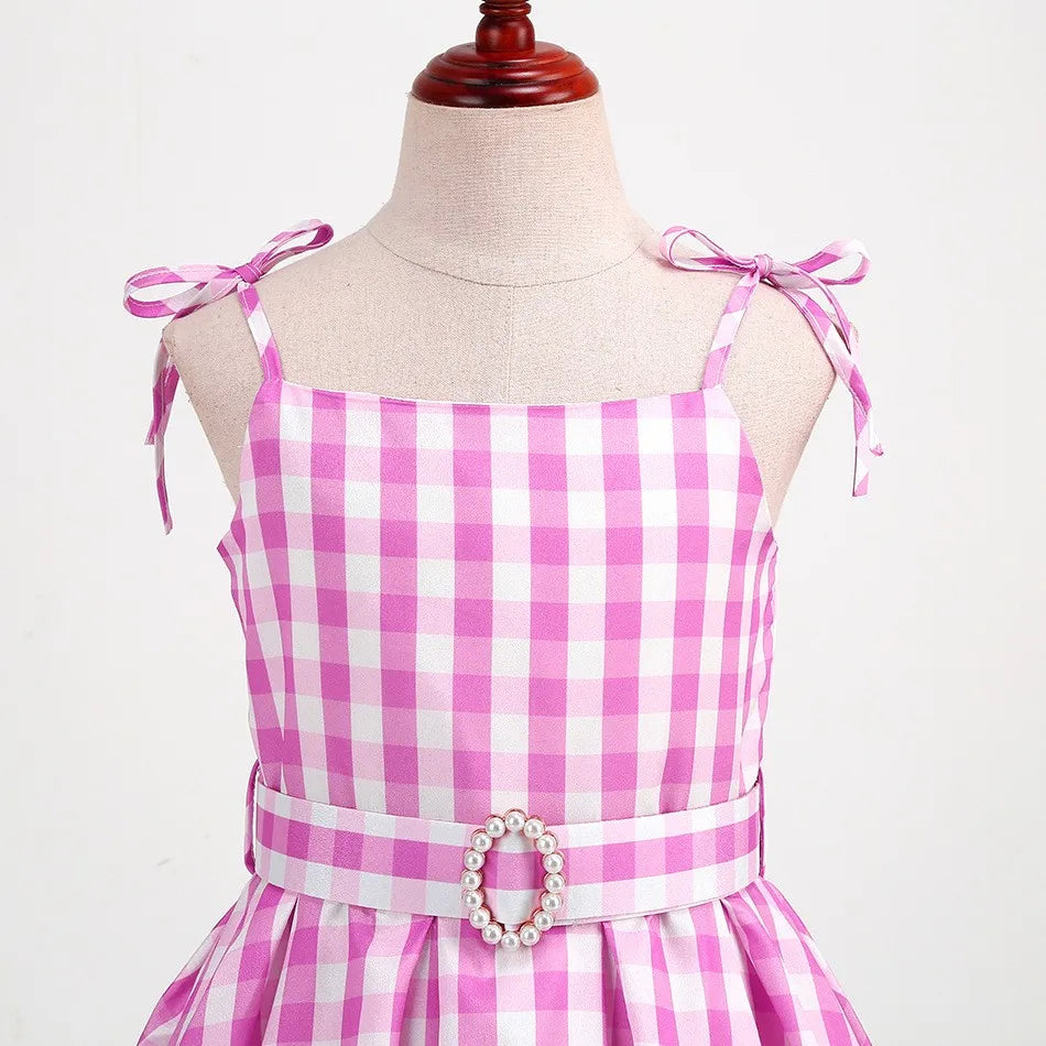 Halloween Hot Movie Barbei Baby Girl Pink Cowboy Look Dress Summer Beach Stripe Cute Sleeveless Plaid Slim Strap Dress Set