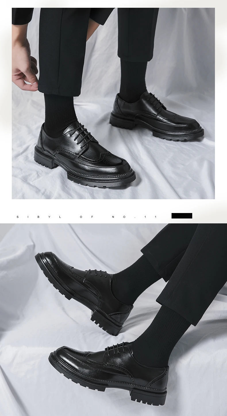 New leather shoes for young men British Brock formal business increase casual black wedding groom lace-up men's shoes