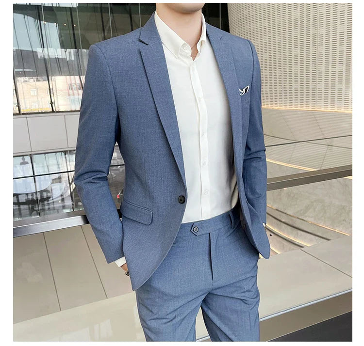 Men's Stylish Handsome Solid Color Suit Two-Piece Set M-4XL High Quality Formal Casual Banquet Fit Trousers Included