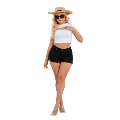 Solid Color High Waist Denim Shorts Women 2025 Summer New Casual Washed Retro Streetwear Frayed Hem Slit Jean Shorts