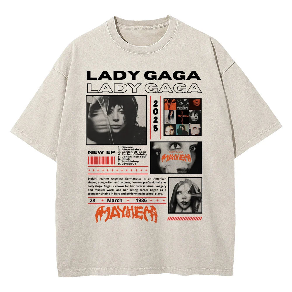 Vintage Washed Lady Gaga The Mayhem Ball Tour 2025 T Shirt Fashion Men/Women Aesthetic High Quality Acid Wash 100% Cotton Tees