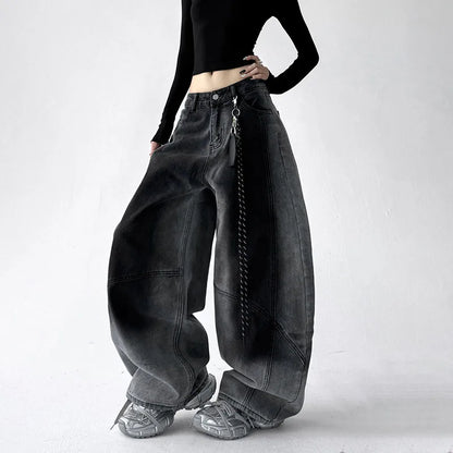 Korean Retro Gradient Jeans For Women Straight Leg Pants Wide Leg Casual Pants Blue Jeans Y2k Pants Baggy Without Pendant
