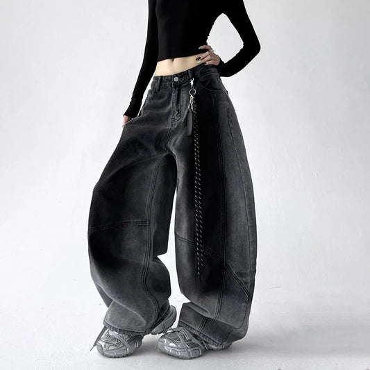 Korean Retro Gradient Jeans For Women Straight Leg Pants Wide Leg Casual Pants Blue Jeans Y2k Pants Baggy Without Pendant