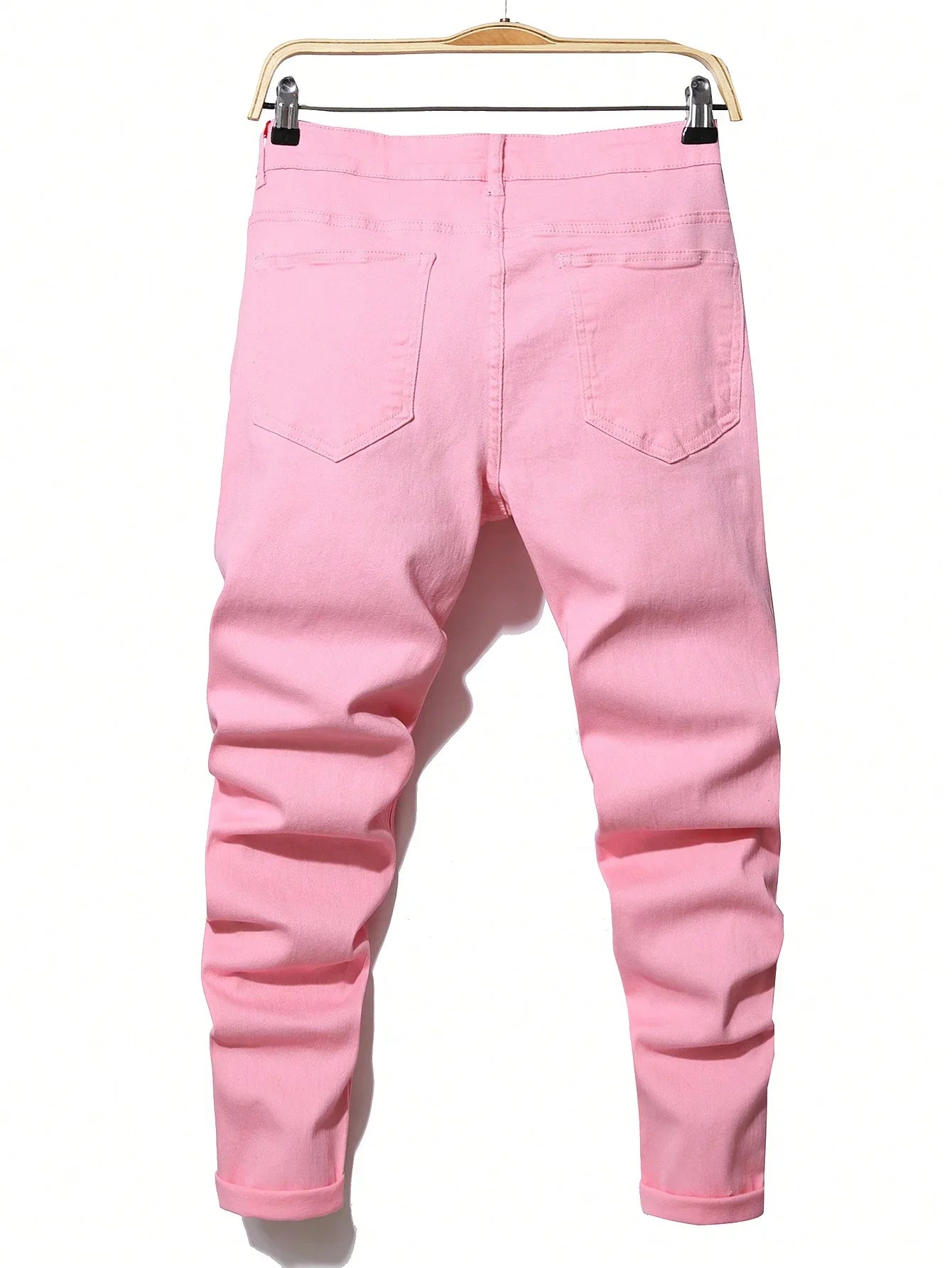 Men's Stretchy Ripped Denim Jeans Slim Fit Straight Trousers Elastic Waist Patchwork Holes Tearing Streetwear Casual Pants