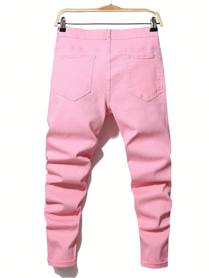 Men's Stretchy Ripped Denim Jeans Slim Fit Straight Trousers Elastic Waist Patchwork Holes Tearing Streetwear Casual Pants