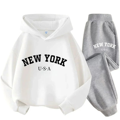 Children Hoodie Set Autumn Winter New York USA Letter Graphic Sweatshirt Pant Suit Baby Boy Girl Kid Sport Two Pieces Tracksuit