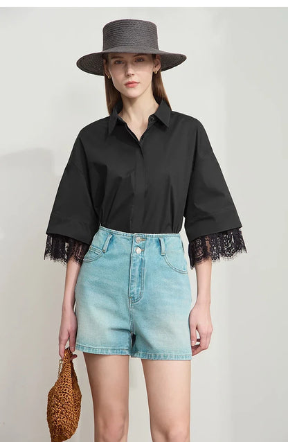 Minimalist Cotton  Shirts for Women 2025 Summer New Solid Lapel Shoulder Half-sleeve Lace Splicing Loose Tops 12542096