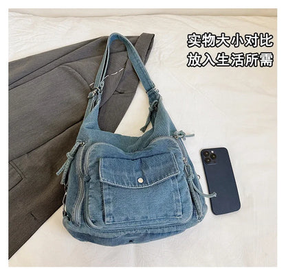 Solid Color Denim Trendy Shoulder Bag for 2025 High Quality Fashion Zipper Large Capacity Versatile Women's Crossbody Bag