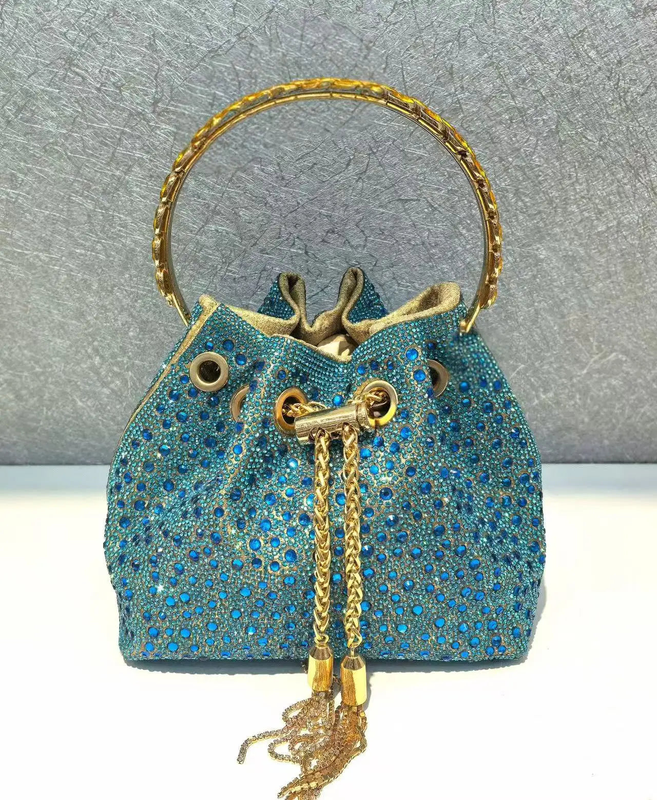 Rhinestones Diamond Evening Clutch Bag Luxury Designer Metal Ring Women's Handbag Wedding Party Bling Bucket Purse Shoulder Bag