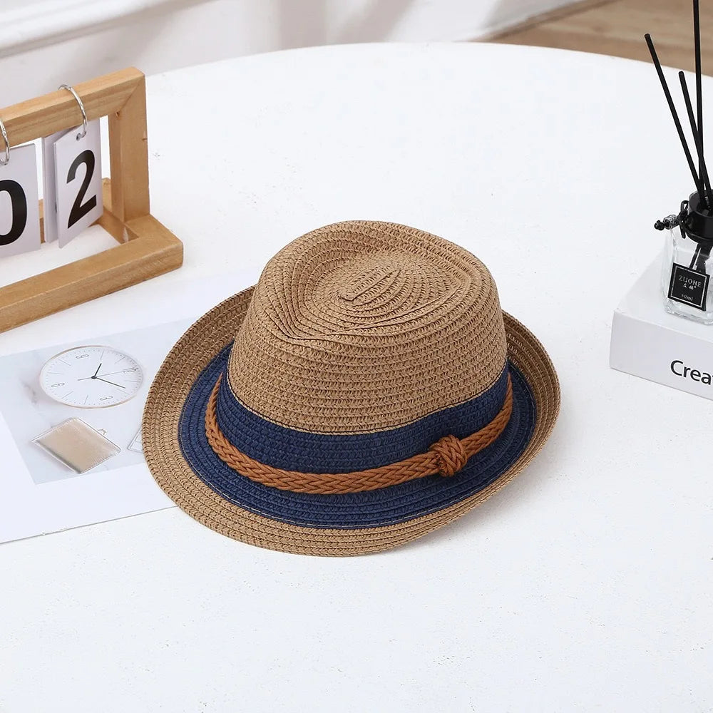 Classic Nostalgic Striped Straw Hat for Outdoor Travel Parent-child Fedoras Sun Shading and Sun Protection Denim Hat