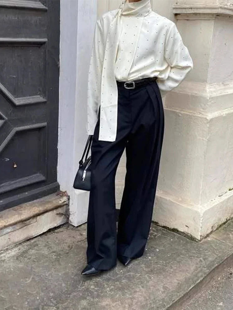 Satin Scarf Neck Polka Dot Printing Women Blouse Full Sleeve Loose Basic Shirt Lady Fashion Autumn New Highstreet Commute Wear