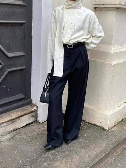 Satin Scarf Neck Polka Dot Printing Women Blouse Full Sleeve Loose Basic Shirt Lady Fashion Autumn New Highstreet Commute Wear