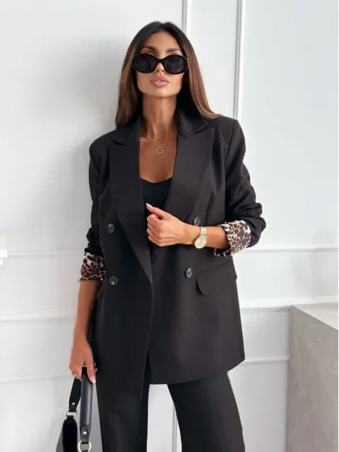 Autumn Winter New Style Women's Suit Coat Long Sleeve Double Buttoned Outerwear Top Cross-Border Fashion Polyester Fiber