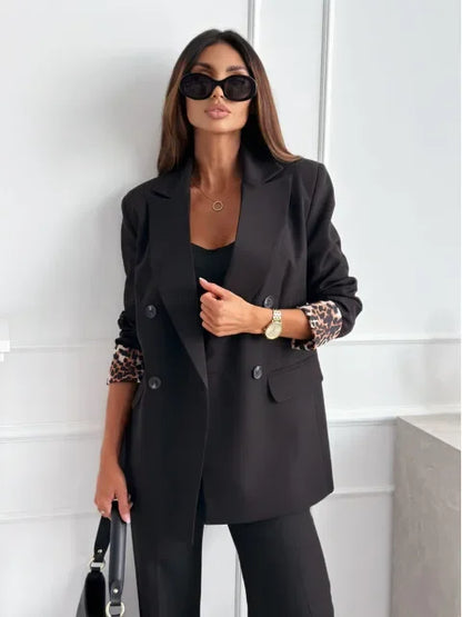 Autumn Winter New Style Women's Suit Coat Long Sleeve Double Buttoned Outerwear Top Cross-Border Fashion Polyester Fiber