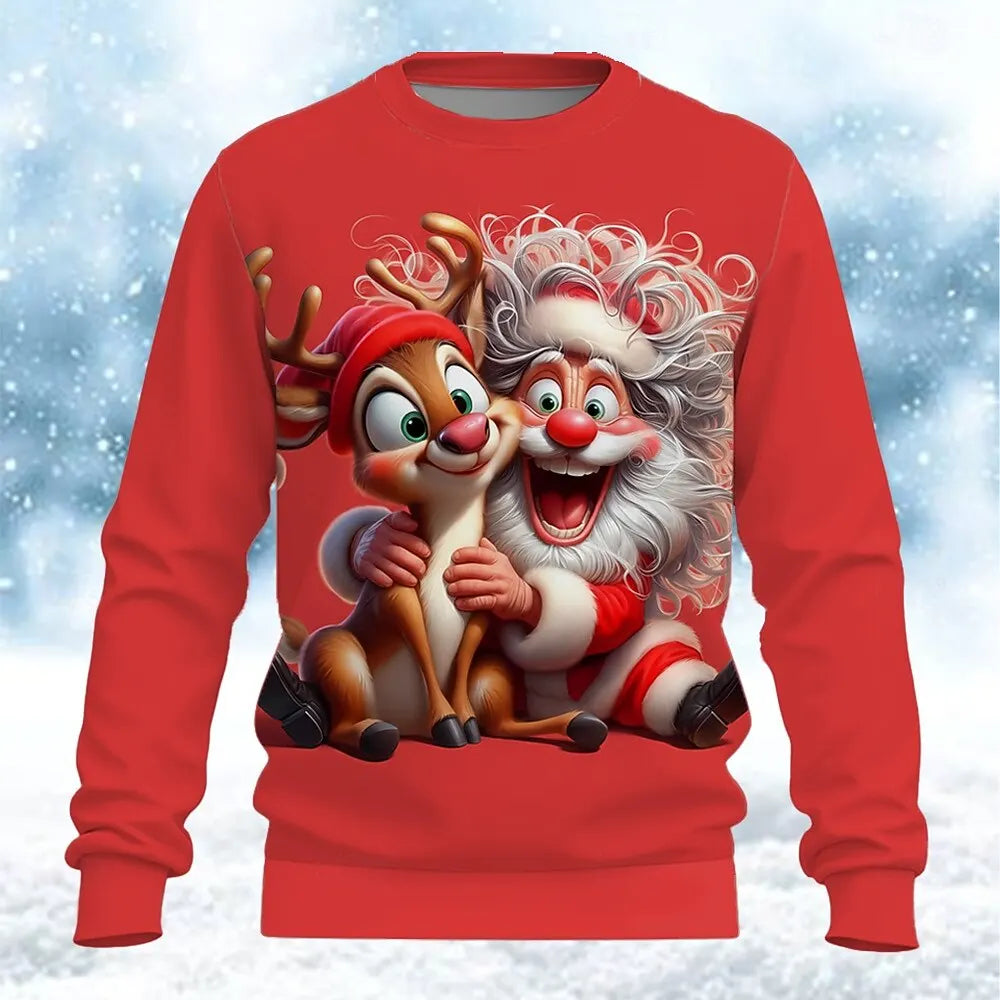 2025 Fun Santa Claus 3D Print Crewneck Sweatshirt Christmas Theme Relaxed Fit Long-Sleeve Sweatshirt Casual Party Wear