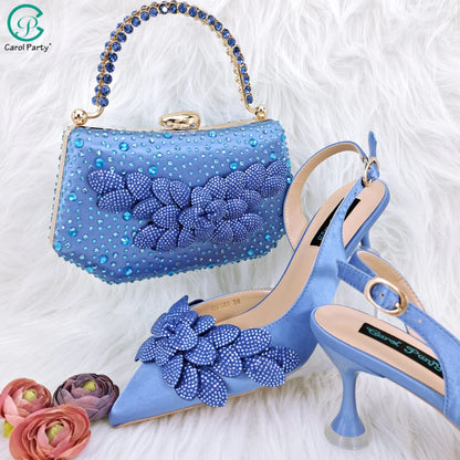 New Sky Blue Satin Handmade Flowers Shoes And Bag African Women's Banquet Pointed Toe Heels Matching Shoes And Bag Wedding Party