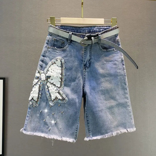 Ladies' Beaded and Sequined Denim Cropped Pants, New Summer Style, Raw-edge Straight-cut, Slim-fitting, Versatile Shorts