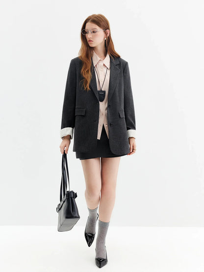 Retro-style Commuter Color-blocked Turn-up Cuff Blazer for Women 2026 Autumn New Style Single-breasted Coat Solid
