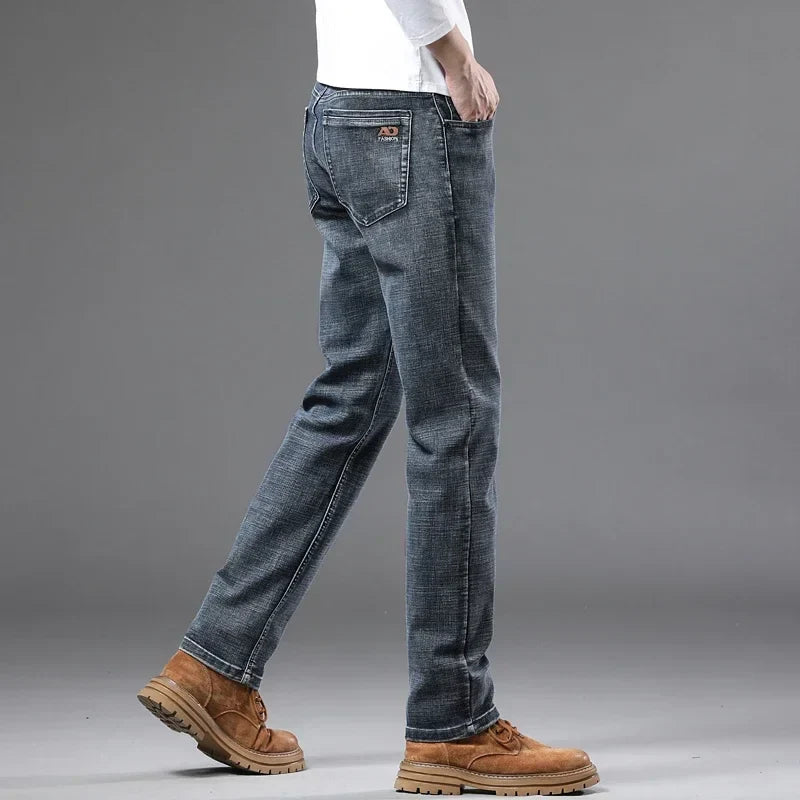 Fashion Light Blue Slim Straight Jeans Men's Spring Autumn Elastic Comfortable Denim Pants Korean Casual Business Trousers