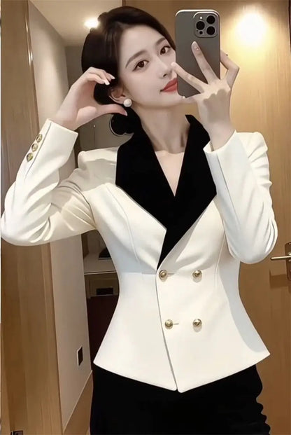2026  celebrity new professional suit jacket women's high sense black and white contrasting color waist thin short suit