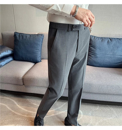 Spring Autumn New Elastic Waist Casual Trousers Male High Waist Dark Striped Slim Fit Pants Men Business Formal Casual Suit Pant