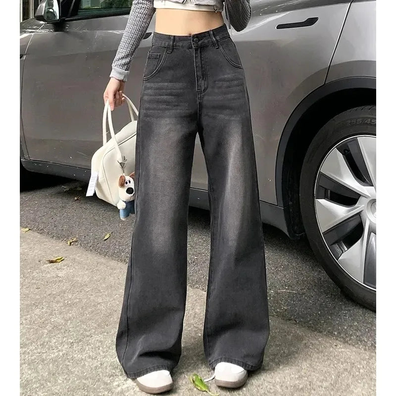 Casual High Waist Jeans Denim Loose Fit Personality Vintage Black Gray Straight Leg Wide Leg Trousers Women Women's pants