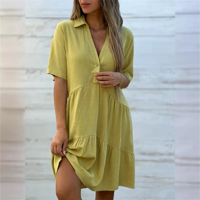 Women Cotton Linen Solid Color Dresses Lapel Button Patchwork Dress Summer Casual Commuter High Waist Short Sleeves Female Gown