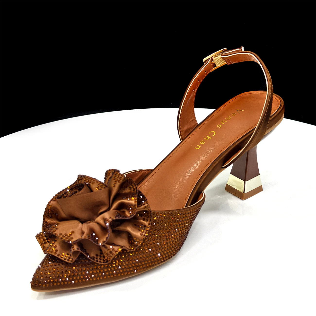 Trendy Brown High Heel Women's Shoes with 3D Rose Rhinestones & Matching Handbag Set - Italian-Inspired Pointed-Toe Design