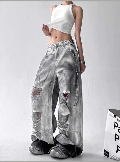 Women Jeans Pants American High Street Ripped Straight Wide-Leg Jeans For Women Design Tie-Dye Jazz Dance Cargo Full Thin Jeans