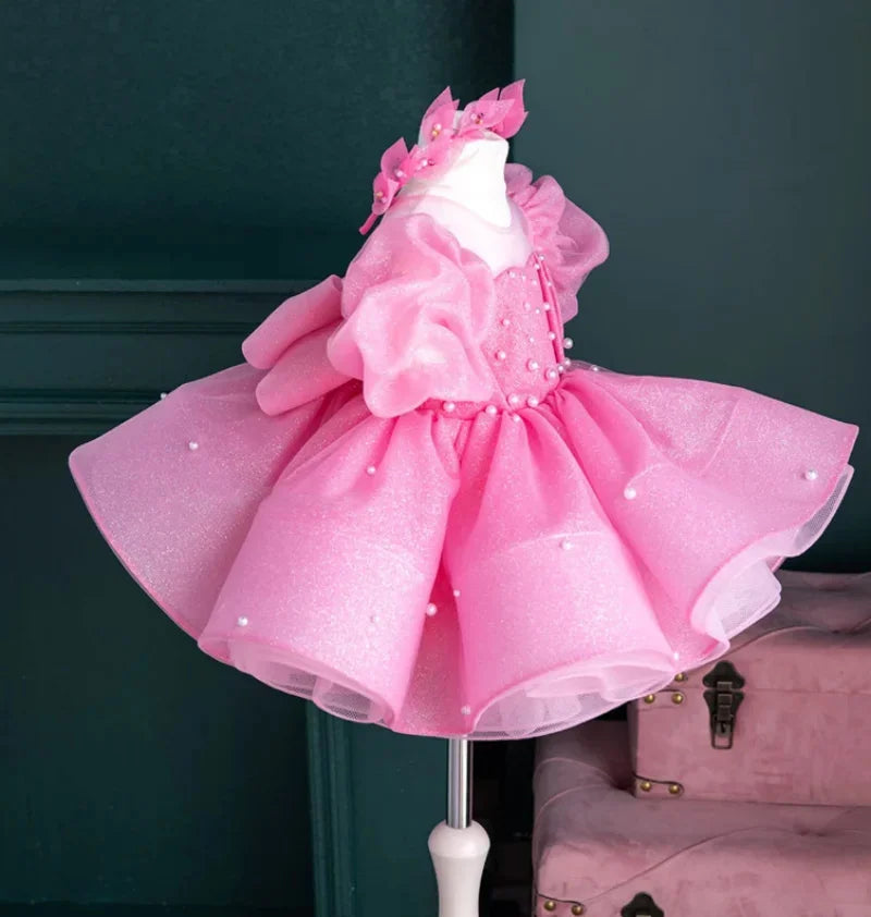 Customized Pink Flower Girl Dresses For Wedding Short Sleeves With Bow Pearls Kids Birthday Party First Communion Pageant Gown