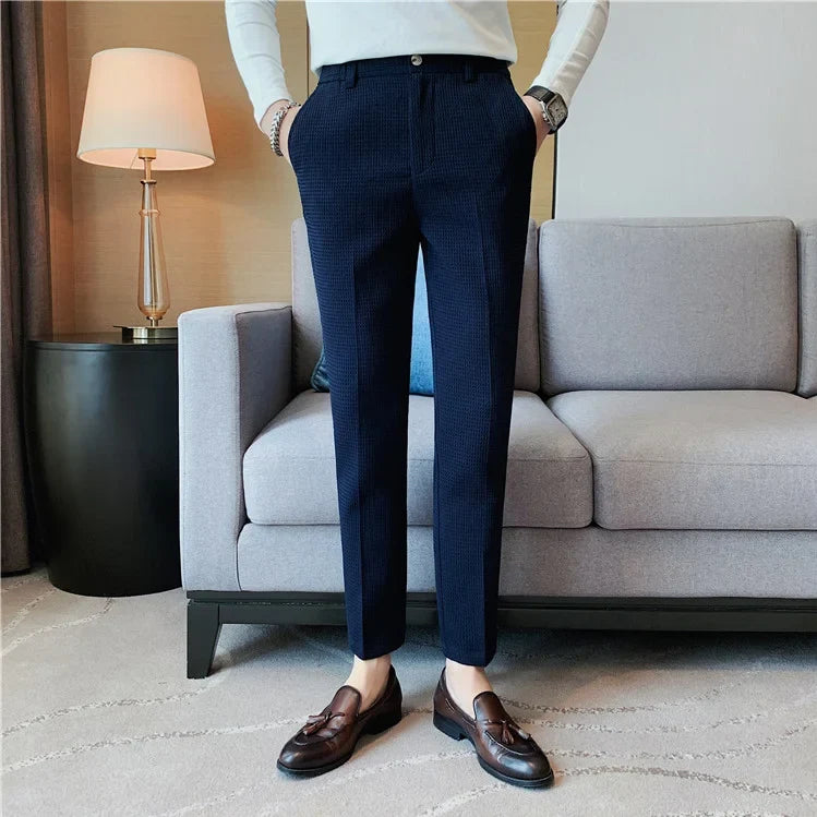 2024 Autumn New Waffle Stretch Waist Business Formal Pants Men Fashion Wedding Slim Trouser Mens Brand Social Party Suit Pants