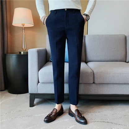 2024 Autumn New Waffle Stretch Waist Business Formal Pants Men Fashion Wedding Slim Trouser Mens Brand Social Party Suit Pants