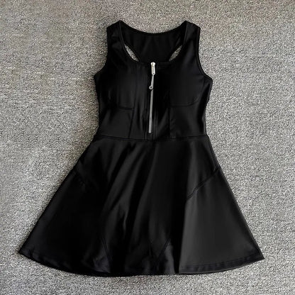 Tennis Skirt Casual Half Zipper Sports Fitness Dress Anti-Running High Waist Slim Golf Yoga Dress