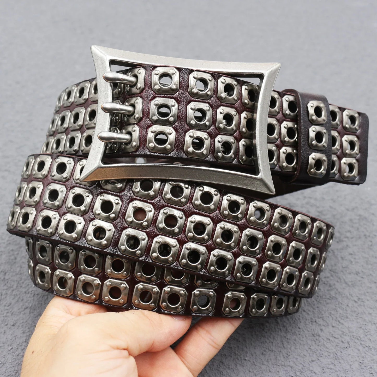 Rock Genuine Leather Luxury Punk Belt Jeans Heavy duty Hollow manual  Designer Brand Belt Men Rivet Three-pin buckle Belt Male