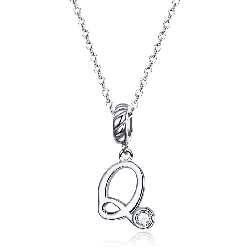 925 Sterling Silver Vintage Letter A to Z Pendant Necklace Initial Long Chain Necklace Platinum Plated Women Fine Jewelry
