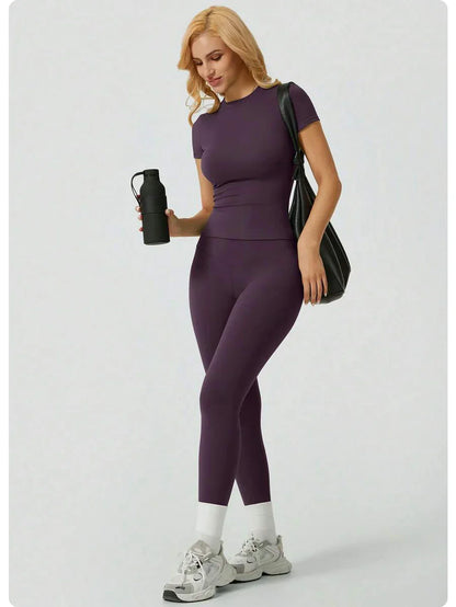2 Piece Yoga Set Women Short Sleeve Top High Waist Leggings Gym Workout Clothing Tummy Control Fitness Sportswear Activewear Sui