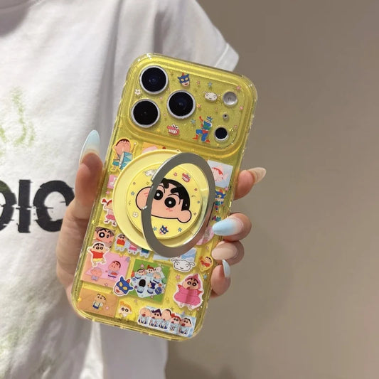 Kawaii Cartoon Crayon Shin-chan Superman Stand Phone Case For iPhone 17 Pro 16 15 Pro Max Protective Cover Fashion Cute Cases Fu